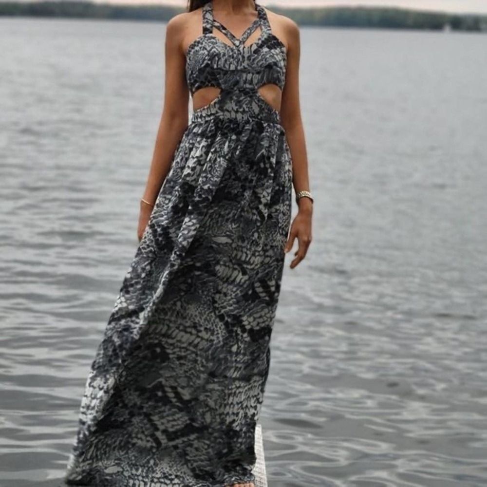 Stylestalker chiffon cut out phyton snakeskin print maxi dress gown - Picture 2 of 12